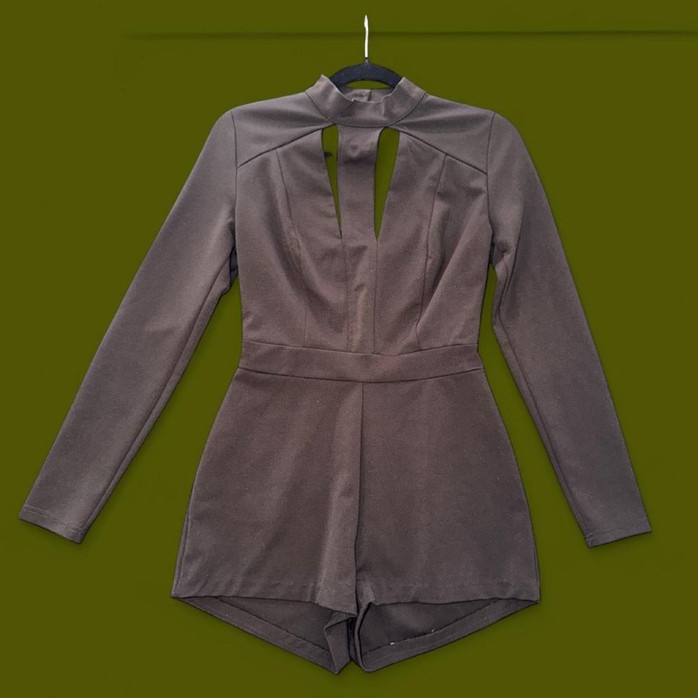 Women's Small Black Long Sleeve Cutout Romper Mock Neck Dressy Playsuit